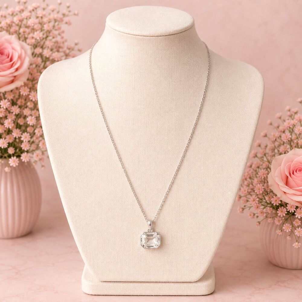 Vintage Emerald Cut Clear Rhinestone Solitaire Pendant Necklace